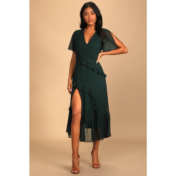 Lulu's Next to You Emerald Green Swiss Dot Ruffled Midi Dress XS NWT - Picture 1 of 9